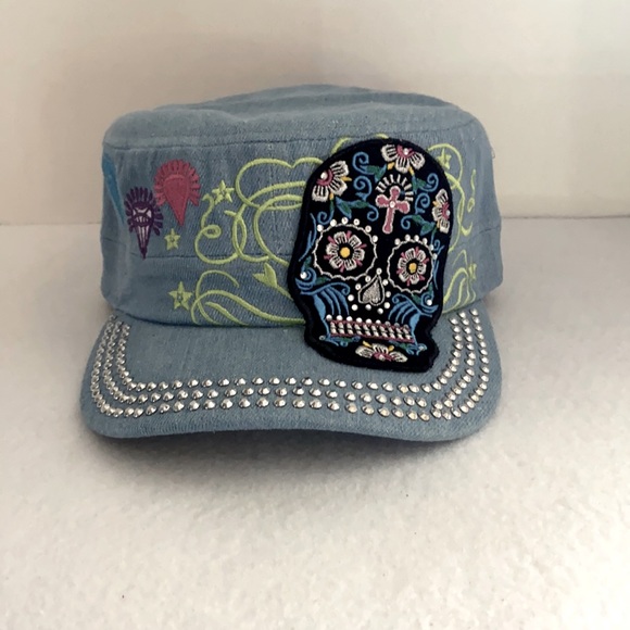 Rhinestone Castro Cap Black Sugar Skull Light Denim - Picture 1 of 8